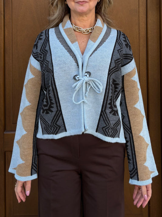 Cardigan Jacquard  Azzurro Donna Corto Tensione In