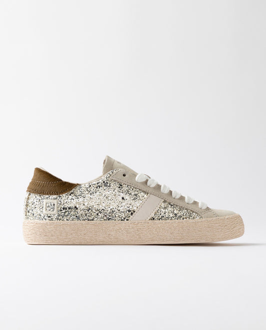 Sneakers Donna D.A.T.E. HILL LOW GLITTER PLATINUM in Pelle Glitter Argento
