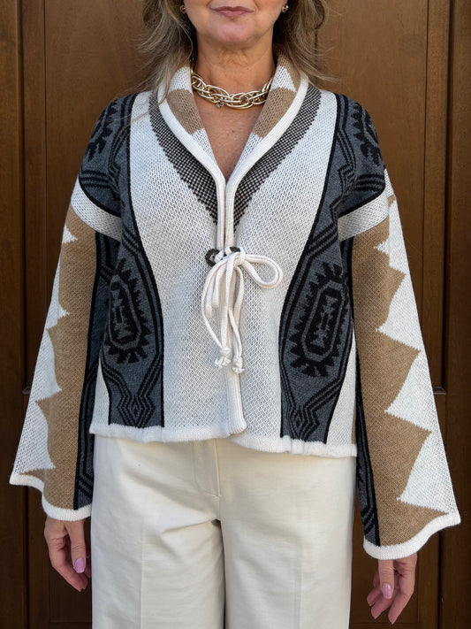 Cardigan Jacquard Beige Donna Corto Tensione In