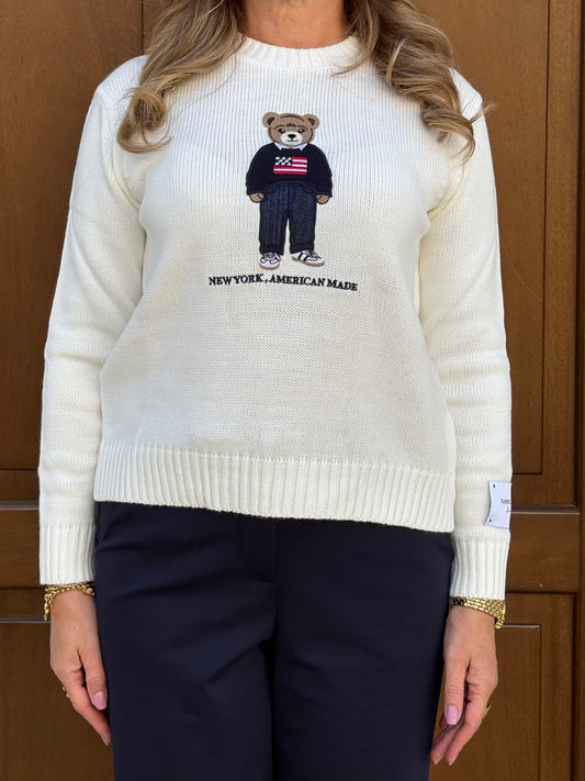 Maglioncino Donna Bianco in Misto Lana con Logo Orsetto