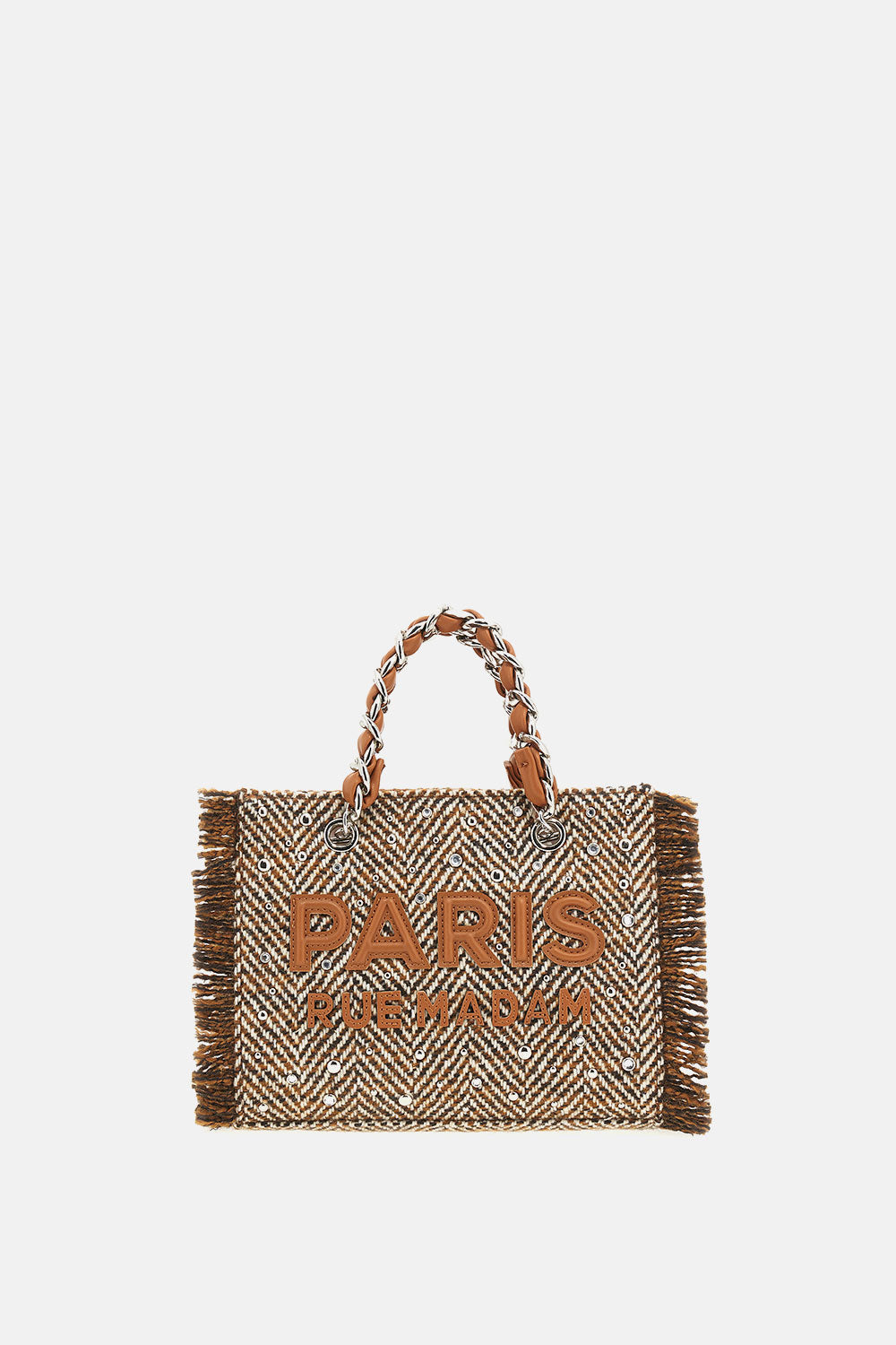 HARRIS MINI TOTE Rue Madam in tweed spinato con borchie e strass, vista frontale.