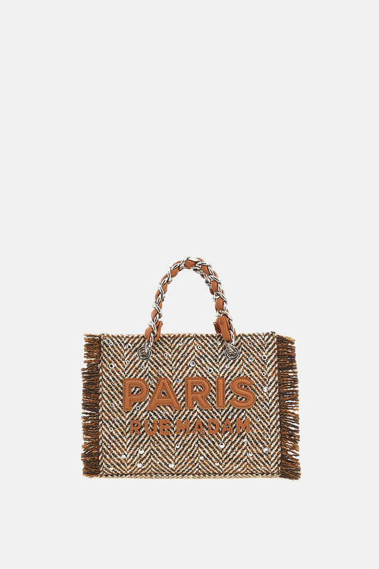 HARRIS MINI TOTE Rue Madam in tweed spinato con borchie e strass, vista frontale.