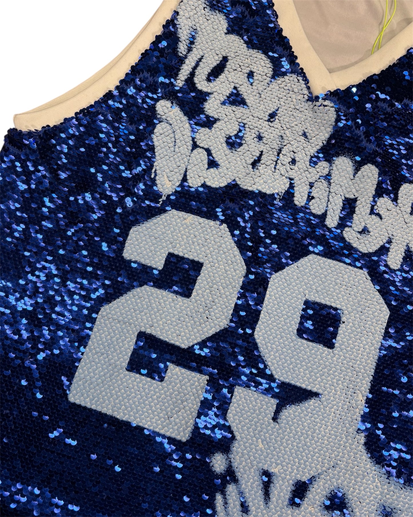 Canotta Disclaimer Donna in Paillettes Blu con Stampa Frontale