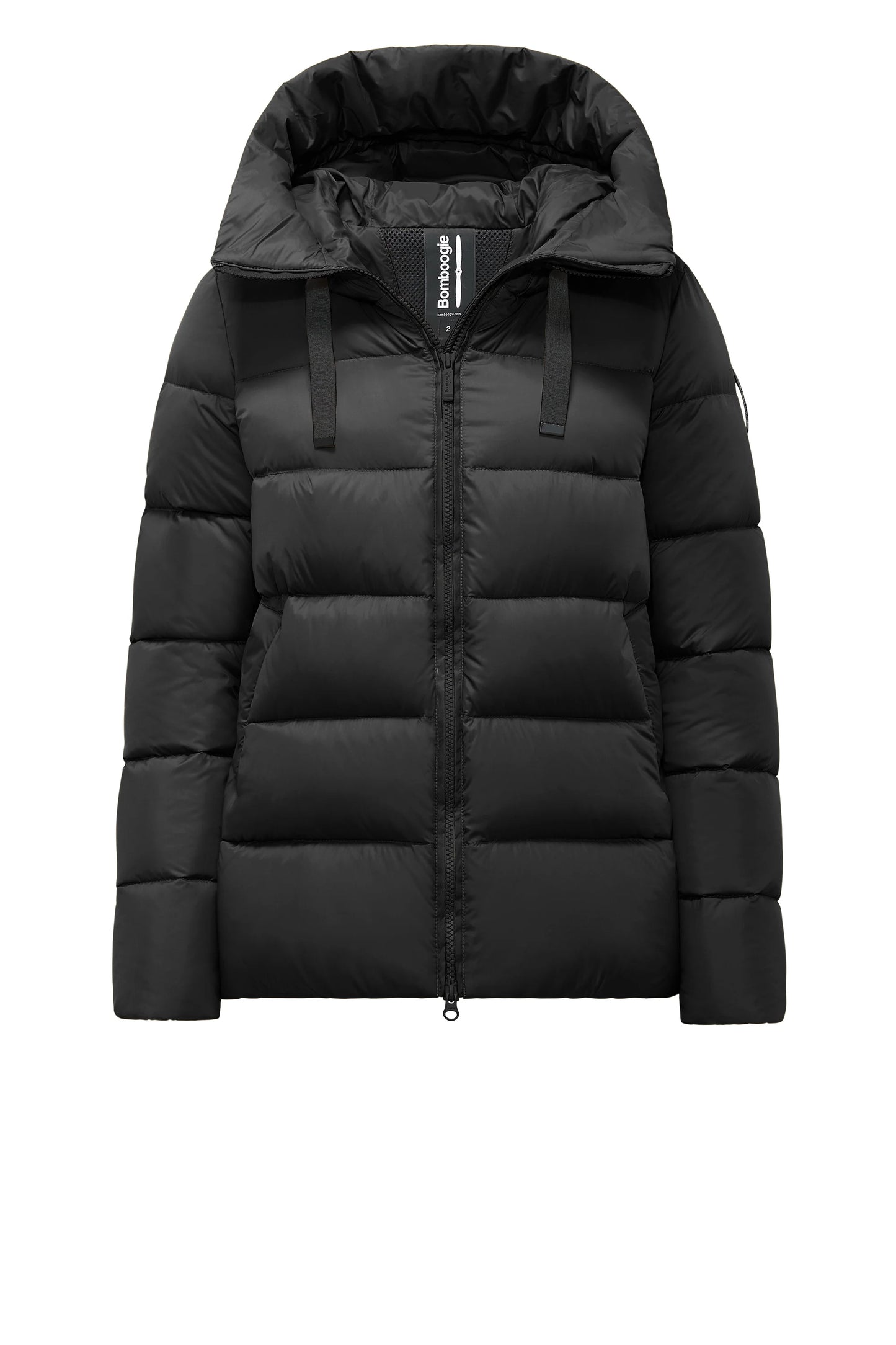 Piumino corto donna 90/10 con tessuto antivento e cappuccio