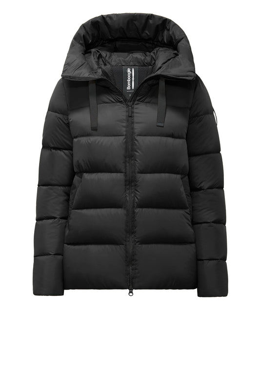 Piumino corto donna 90/10 con tessuto antivento e cappuccio