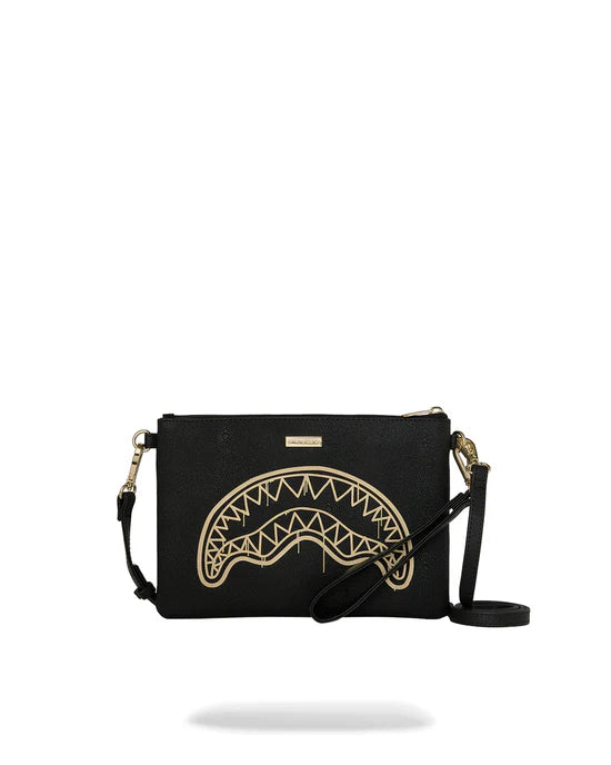 Vista frontale della pochette Sprayground con maniglia sul pannello frontale.