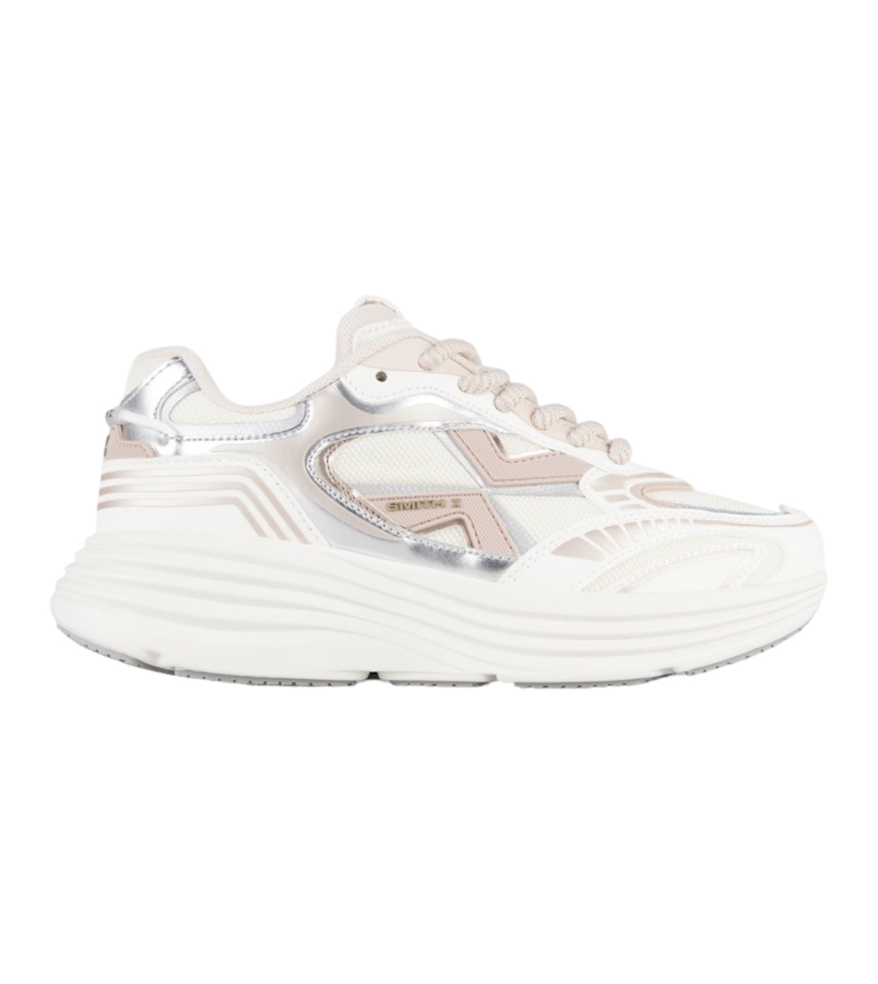 Vista laterale della sneaker Storm bianca e rosa con design dinamico.