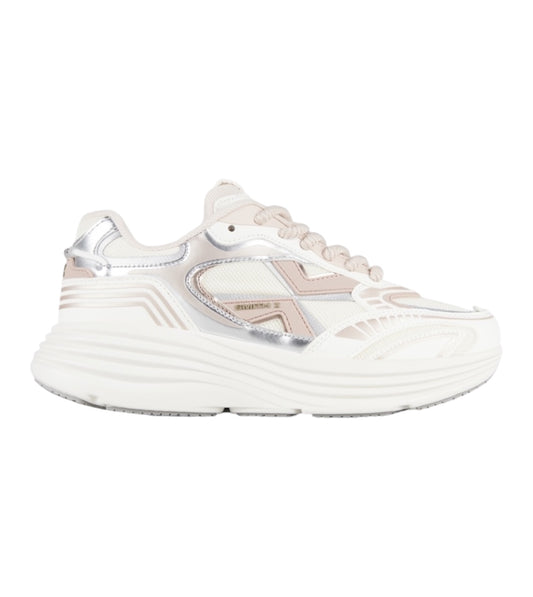 Vista laterale della sneaker Storm bianca e rosa con design dinamico.