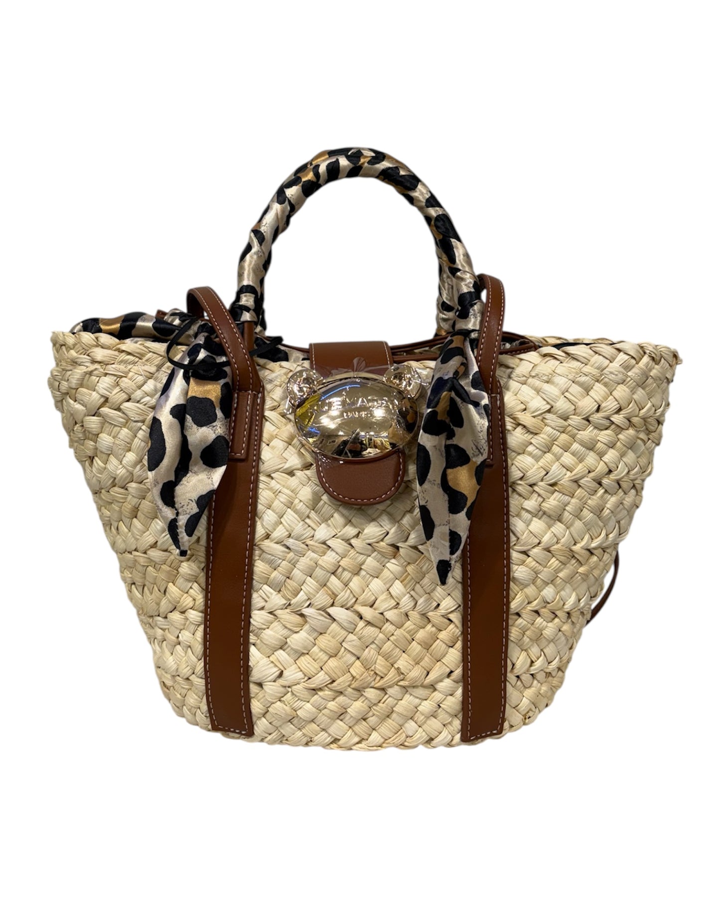 Vista frontale della borsa in rafia beige con manico foulard animalier.