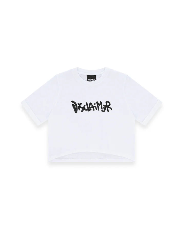 Vista frontale della T-shirt Disclaimer con applicazione logo strass.