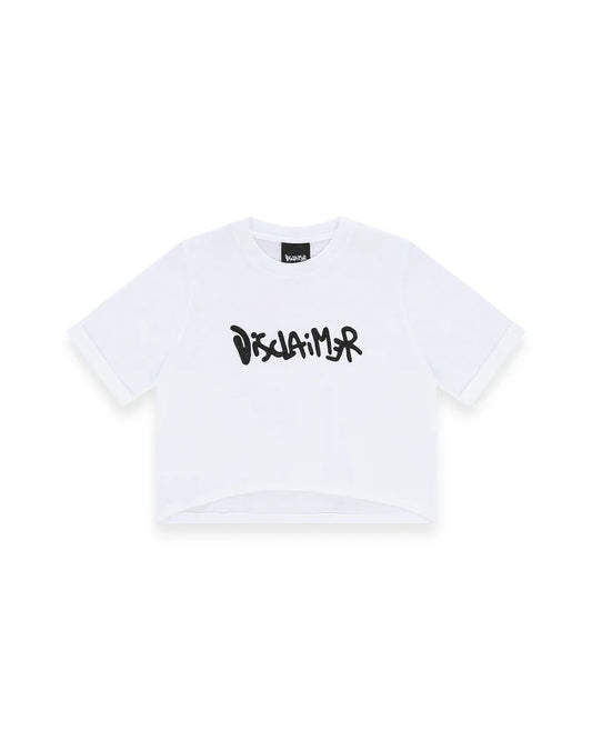 Vista frontale della T-shirt Disclaimer con applicazione logo strass.