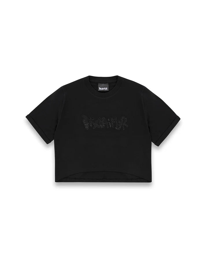 Vista frontale della T-shirt Disclaimer nera con logo strass nero.