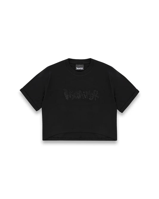 Vista frontale della T-shirt Disclaimer nera con logo strass nero.