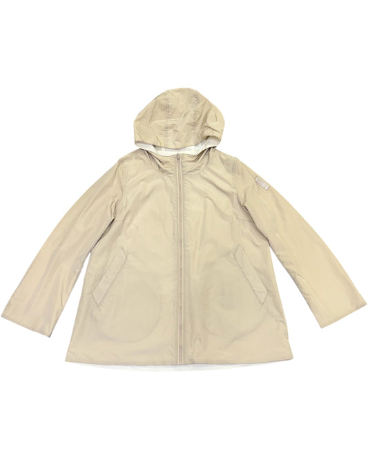 Impermeabile donna in nylon lucido con linea ad A e cappuccio fisso.