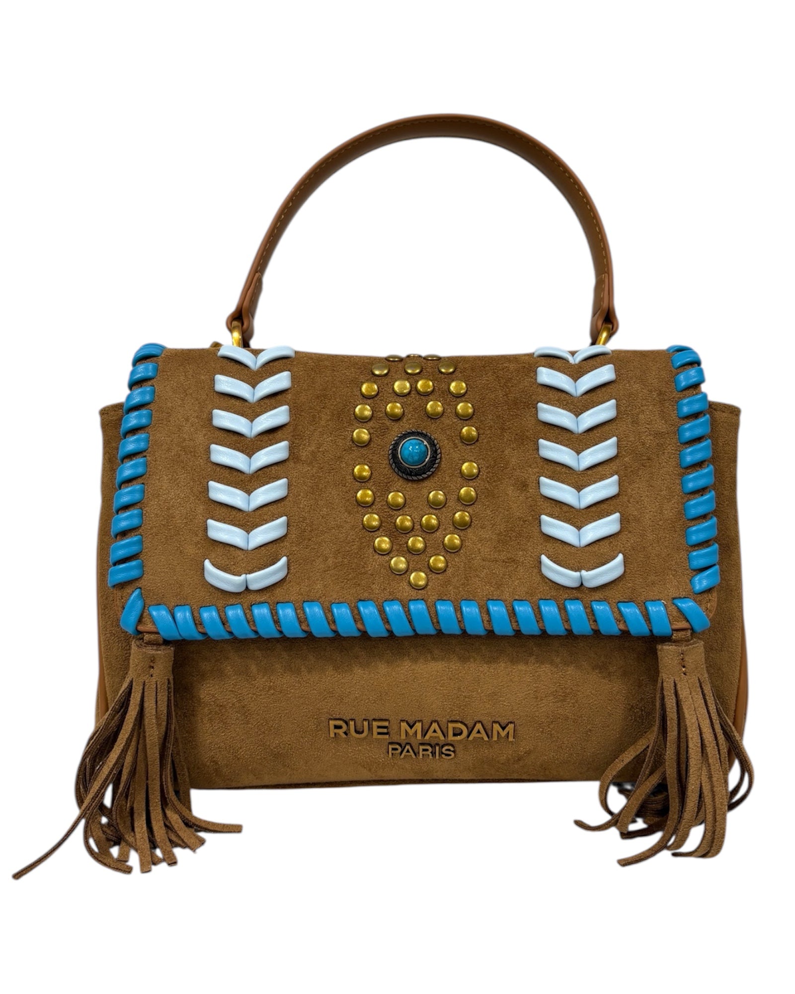 Vista frontale della borsa in camoscio marrone con pietra celeste.