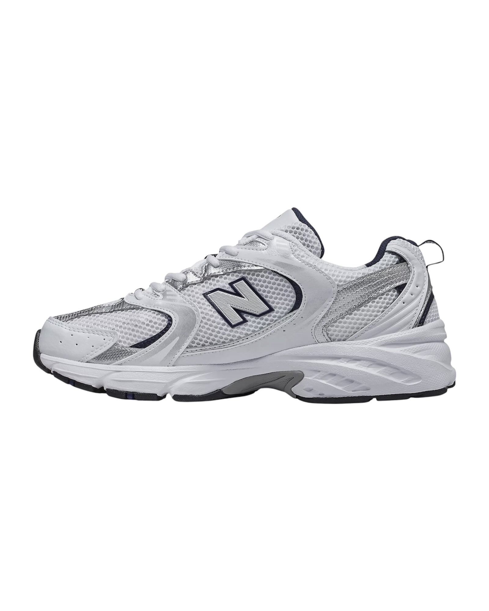 Vista laterale delle sneakers con design running minimal bianco.