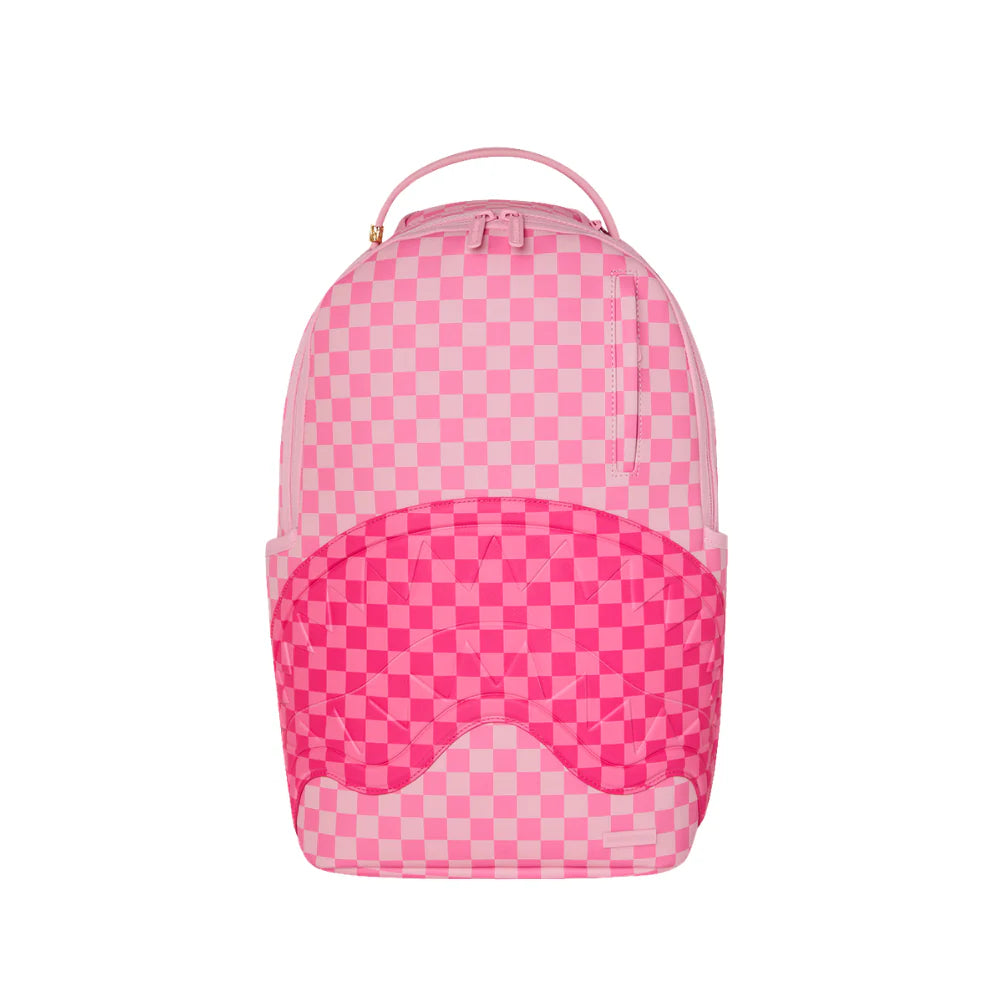 Vista frontale dello zaino Sprayground PINK SHARK con tasca con cerniera.