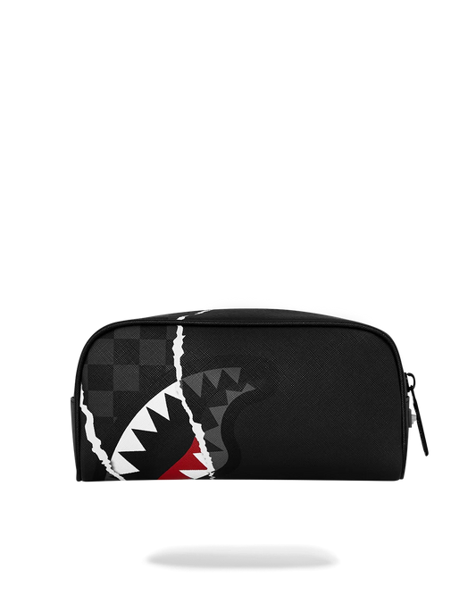 Astuccio Sprayground center rip revealing gray check pouch