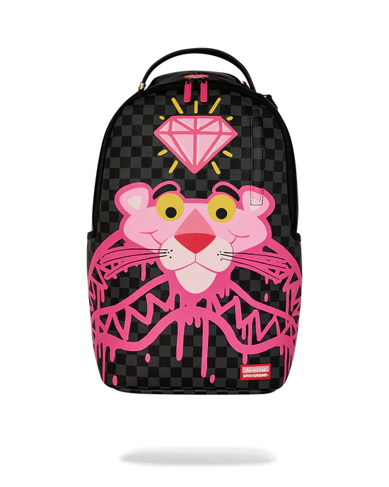 Vista frontale dello zaino Sprayground Pink Panther Diamonds con tasca con cerniera.