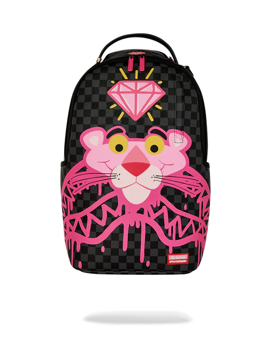 Vista frontale dello zaino Sprayground Pink Panther Diamonds con tasca con cerniera.