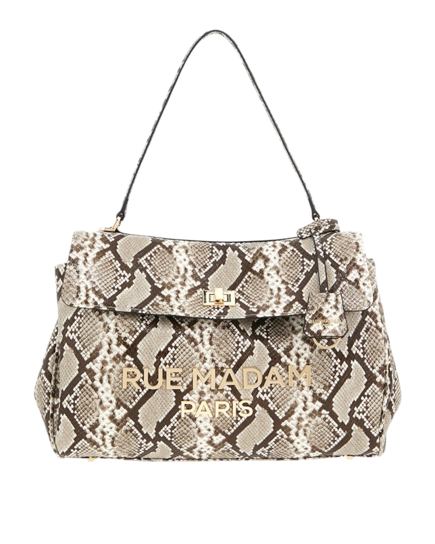 Vista frontale della borsa XL EXOTIQUE con stampa pitone e logo in metallo oro.